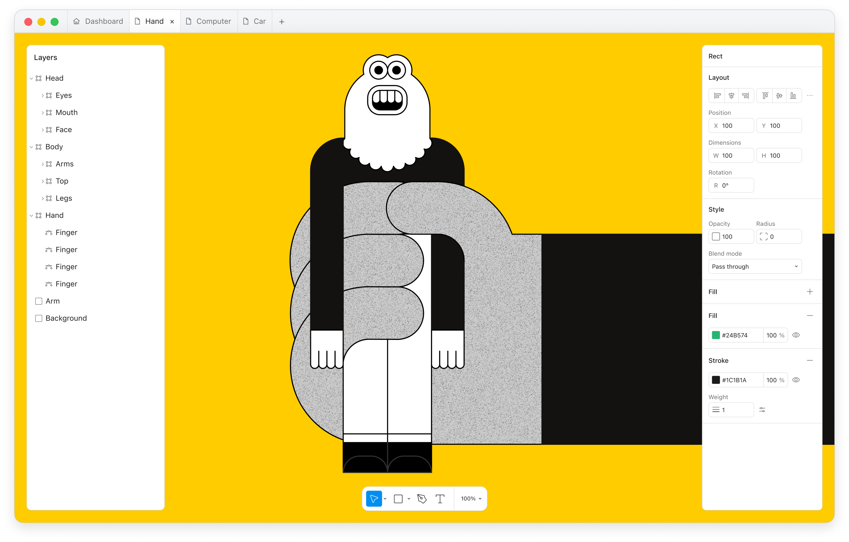 A Superlinea window with a drawing open in it: a figure with a round white head, dressed in black, standing in a big grey hand on a yellow page